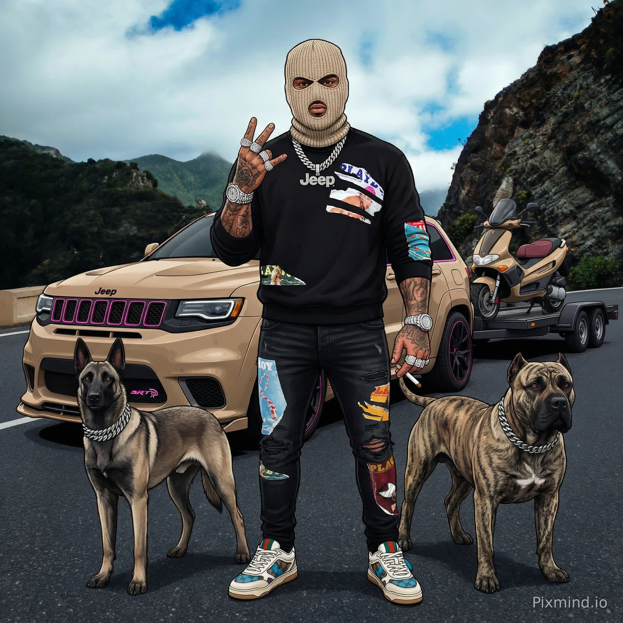 generate me an image of an muscular guy wearing a beige knit balaclava and black amiri sweater, amiri jeans, and gucci sneakers, also he is wearing a silver G-link chain with a silver Jeep Trackhawk logo pendant, and a silver watch, and diamond rings on his arms and hands, his arms and hands are covered in tattoo's. in his right hand he is holding a white hand rolled cigarette, he is trowing up a hand sign with his left hand, Also he is standing infront of a Jeep trackhawk with a car trailer behind it with a gilera runner in the same color spec as the car on it, next to him is a silver sable belgian malinois with a silver cuban link collar and a silver presa canario with a silver cuban link collar