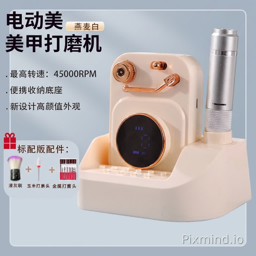 Precisely maintain the product shape, color, and all details at the center of the image completely unchanged. The only allowed adjustment is to rotate the entire product horizontally by approximately 10 degrees and present it from a frontal perspective. Completely replace the background with a light gray-blue minimalist gradient texture, which must be distinctly different from the original yellowish-white solid scene background. The background design should be clean and modern, harmonizing with the warm aesthetic of the white nail polishing machine.
Keep the original advertisement text and its frame exactly as they are, positioned at the top center of the image. Additionally, modify the color of the rectangular frame on the right side of the image that encloses the beige central image to match and complement the new background, ideally in a suitable shape or design. Remove the "naillike" logo from the top-right corner entirely. In the text, replace the phrase "portable polishing machine" with "electric polishing machine."
Use soft and even lighting to achieve a high-definition, professional commercial photography style, ensuring the product stands out while keeping the overall composition neat and clean. Do not modify the connection port for the upper cord of the polishing pen.