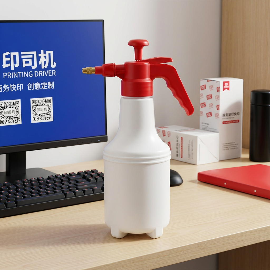 A detailed AI image prompt for the image:
A white plastic spray bottle with a red spray head is placed on a light wood-colored office desk. The spray bottle has an upper narrow, lower wide cylindrical body with four small white support feet at the bottom; the top features a red pressurized pump head and a red trigger-style spray handle with a metallic brass nozzle.
In the background, to the left, there is a black computer monitor displaying a blue screen with white text: "印司机 PRINTING DRIVER" at the top, followed by Chinese characters "商务快印 (Business Quick Print)" and "创意定制 (Creative Customization)" below, accompanied by two QR codes. A black mechanical keyboard with dark keys is placed on the desk beneath the monitor.
To the right of the spray bottle, there are stacked white product boxes with red logo patterns and text. A red folder or board and a black cylindrical object are also on the desk. The scene is illuminated by soft indoor light, creating clear shadows and highlighting the smooth plastic texture of the spray bottle and the vibrant colors of the red spray head against the neutral-toned desk and office setting. The overall atmosphere is clean and functional, typical of an office or print shop workspace.