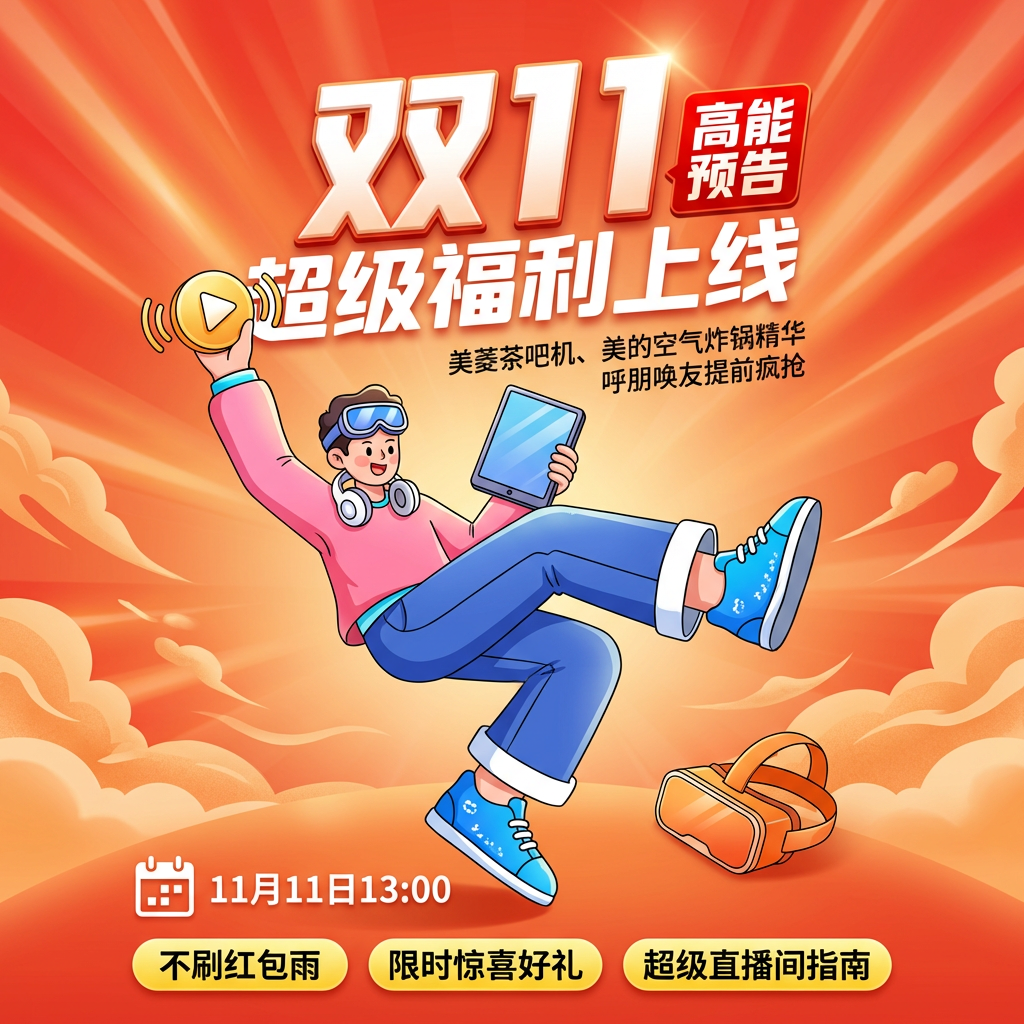 双十一电商促销海报, vibrant、dynamic风格,采用现代卡通风格,大胆排版与活泼插画,色彩明快,充满活力。
**背景**:中心为亮橘红色渐变并向外晕染,顶部中心散发放射状光效,营造温暖耀眼的光芒;背景下半部分散落柔和橘色抽象云朵状图案,增添深度与动感。
**主文字**:
- 顶部中心占据核心位置的是大号粗体白色3D风格“双1a1”(Double 11),带有光泽质感。
- “双11”右上角有一红色矩形标签,白色文字“高能预告”(High-Energy Preview)采用稍小且锐利的字体。
- 主文字下方,白色文字“超级福利上线”(Super Benefits Online)使用流畅的现代字体。
- 其下方为黑色小号文字:“美菱茶吧机、美的空气炸锅精华 呼朋唤友提前疯抢”(Meiling tea maker, Midea air fryer essentials—gather friends, rush to grab in advance)。
- 底部左侧有白色日历图标,右侧为黑色文字“11月11日13:00”(December 11th, 13:00)。
**中央角色**:一个充满活力的全身卡通人物正处于跳跃瞬间,散发着动感能量。角色着装为:
- 蓝色阔腿裤,裤脚白色;
- 粉色长袖上衣,领口浅蓝色;
- 亮蓝色运动鞋,鞋底白色,侧面有白色小图案;
- 脖子挂白色耳机,头顶戴蓝色镜片护目镜。
- 左手高高举起,手上方有金色播放按钮图标(带声波的三角形);
- 右手握着平板状设备,屏幕蓝色,微微向前倾斜。
- 身体倾斜,膝盖弯曲,一只脚抬起,展现出运动与兴奋感。
**附加元素**:
- 角色右侧地面平放一副橙色VR眼镜,镜头朝上。
- 海报底部有三个黄色矩形标签,带黑色文字:“不刷红包雨”(No Red Envelope Rain)、“限时惊喜好礼”(Limited-Time Surprise Gifts)、“超级直播间指南”(Super Live Stream Guide),每个标签均为圆角设计,带有细微阴影。
**整体氛围**:温暖、活力、喜庆,视觉层次分明,突出双十一主题与角色动感姿态,营造对即将到来的促销活动的紧迫感与兴奋感。光线明亮,角色服装与文字有高光处理,确保可读性与活力感。