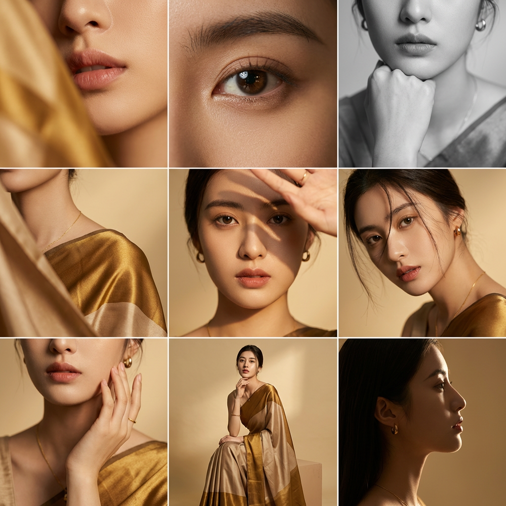 Editorial 3x3 grid in soft golden-beige studio. Character (face characteristics 100% same as uploaded image) wearing a glossy silk saree with minimal jewelry. Lighting: warm soft key from right, reflector fill left. Shots match original structure: extreme lip/cheek macro with blurred silk, tight eye reflection crop, B&W chin-on-fist frame-fill, fabric-framed shoulder view, frontal close-up with hand-light pattern, angled portrait with loose strands, jawline-focused hand crop, half-body seated on cube, profile with rim slice. Same lens & aperture set. RAW, elegant tonal grade, smooth cinematic grain.