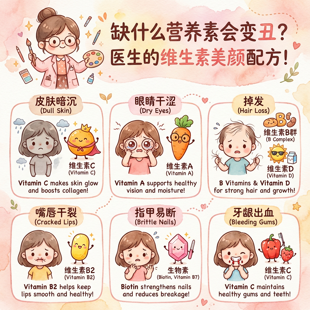 Hand-drawn watercolor infographic, warm soft watercolor texture, pink tone, cute and clean design, 4:5 ratio, 1080x1350.
角色:一位专精医学保健的插画家兼医生,亲切微笑,手持水彩笔,风格卡通可爱。
主标题(上方):缺什么营养素会变丑?医生的维生素美颜配方!
图表结构(下方开始):
六个可爱人物,呈现六种“变丑症状”,搭配对应的卡通营养素图标。
示例内容(AI 可自由重绘,不要写实):
1. 皮肤暗沉 → 维生素C(Vitamin C 卡通形象)
2. 眼睛干涩 → 维生素A(Vitamin A 卡通形象)
3. 掉发 → 维生素B、维生素D(B群、D 卡通形象)
4. (可继续根据文案自动生成更多症状与营养素)
风格要求:
手绘水彩感、粉色主调、柔和自然、轻松舒服的氛围。
人物要可爱、圆润、友好。
营养素图标为卡通拟人风格。
文字为清晰易读的手写笔记感字体。
整体排版简洁、资讯图表形式。
Lighting: soft, diffuse watercolor lighting.
Avoid: 照片感、真实皮肤纹理、过度写实、油画风、金属光泽。
best quality, high-res, clean edges, masterpiece.