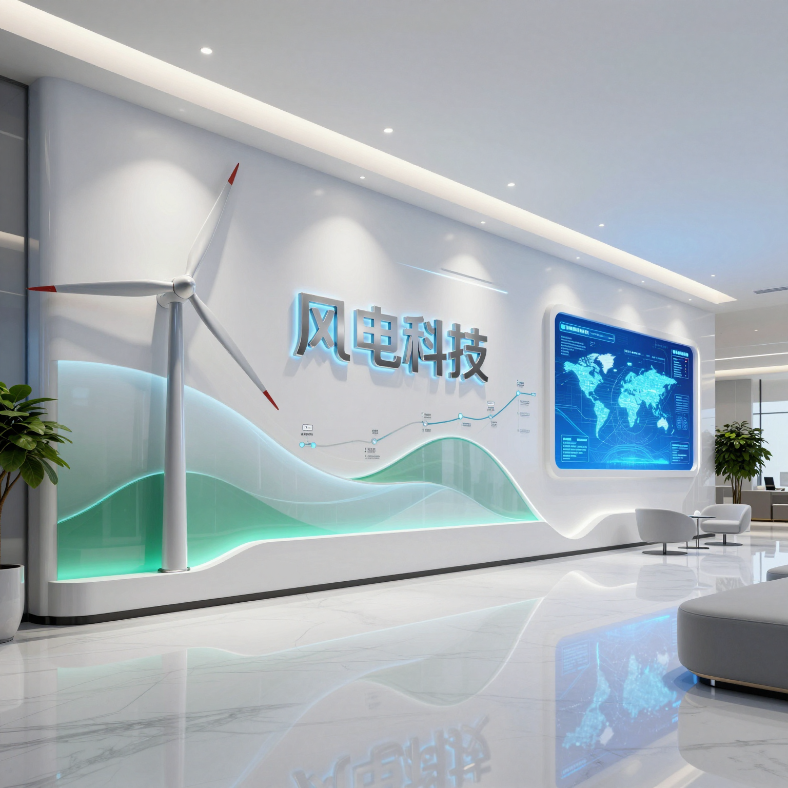 一面极具未来感与科技美学的企业文化简介展示墙设计,专为“风电科技”公司量身打造。
**主体描述:**
墙面采用流线型设计,模拟风的流动轨迹,中央以浮雕形式展示“风电科技”四个金属质感大字,字体边缘带有微发光的蓝色光晕。左侧展示着风格化的巨型风力发电机叶片抽象图案,右侧则是精细的公司发展历程时间轴与全球业务布局的全息投影数据图表。墙面材质混合了磨砂玻璃、拉丝铝合金以及透光亚克力板,嵌入式的高清显示屏正在播放风能转化的动态演示。
**场景环境:**
位于高端写字楼的接待大厅或宽敞的走廊区域。地面是高反光度的白色大理石,倒映着文化墙的倒影。天花板采用隐藏式灯带,周围布置有极简风格的现代休息座椅和少量的室内绿植,营造出生态友好与高科技并存的办公氛围。
**艺术风格:**
现代极简主义与工业科技风的完美融合,建筑可视化(ArchViz)渲染风格。设计语言强调清洁能源、可持续发展与精密工程,借鉴了包豪斯风格的实用性与赛博朋克风格的灯光美学。
**技术参数:**
**色彩:** 以科技蓝(Electric Blue)和纯净白为主色调,点缀象征环保的清新绿(Eco Green)和银灰色金属光泽。
**光照:** 柔和的冷色调环境光,重点照明聚焦于公司Logo和关键数据板,墙体边缘使用隐藏式LED灯带营造层次感,光线追踪效果显著。
**构图:** 广角镜头,平视视角,展现墙面的整体气势与空间纵深感。
**质量标签:**
8k超高分辨率,Octane渲染,虚幻引擎5画质,超精细细节,照片级真实感,杰作,商业设计典范,材质纹理清晰。