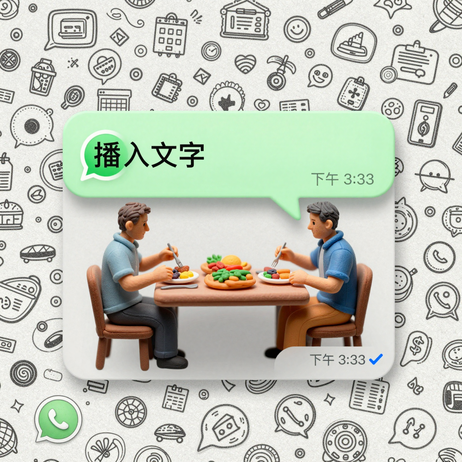 超写实俯视微距摄影。一个细长的浅绿色 WhatsApp 对话框充当餐桌。两个真人(缩小到极小比例)坐在桌子的两端。他们并非塑料人偶;他们拥有清晰可见的皮肤纹理、自然的头发和逼真的衣褶。他们正在享用看起来新鲜烹制的真正食物,而不是橡皮泥。对话框内的文字显示为:“插入文字”。右下角显示时间戳“下午 3:33”和蓝色勾号。背景完全被高密度、无缝的 WhatsApp 涂鸦图案(线条艺术图标)覆盖,没有一丝空白,如同原版 WhatsApp 的密集壁纸。专业影棚灯光,8K 分辨率,清晰对焦。
