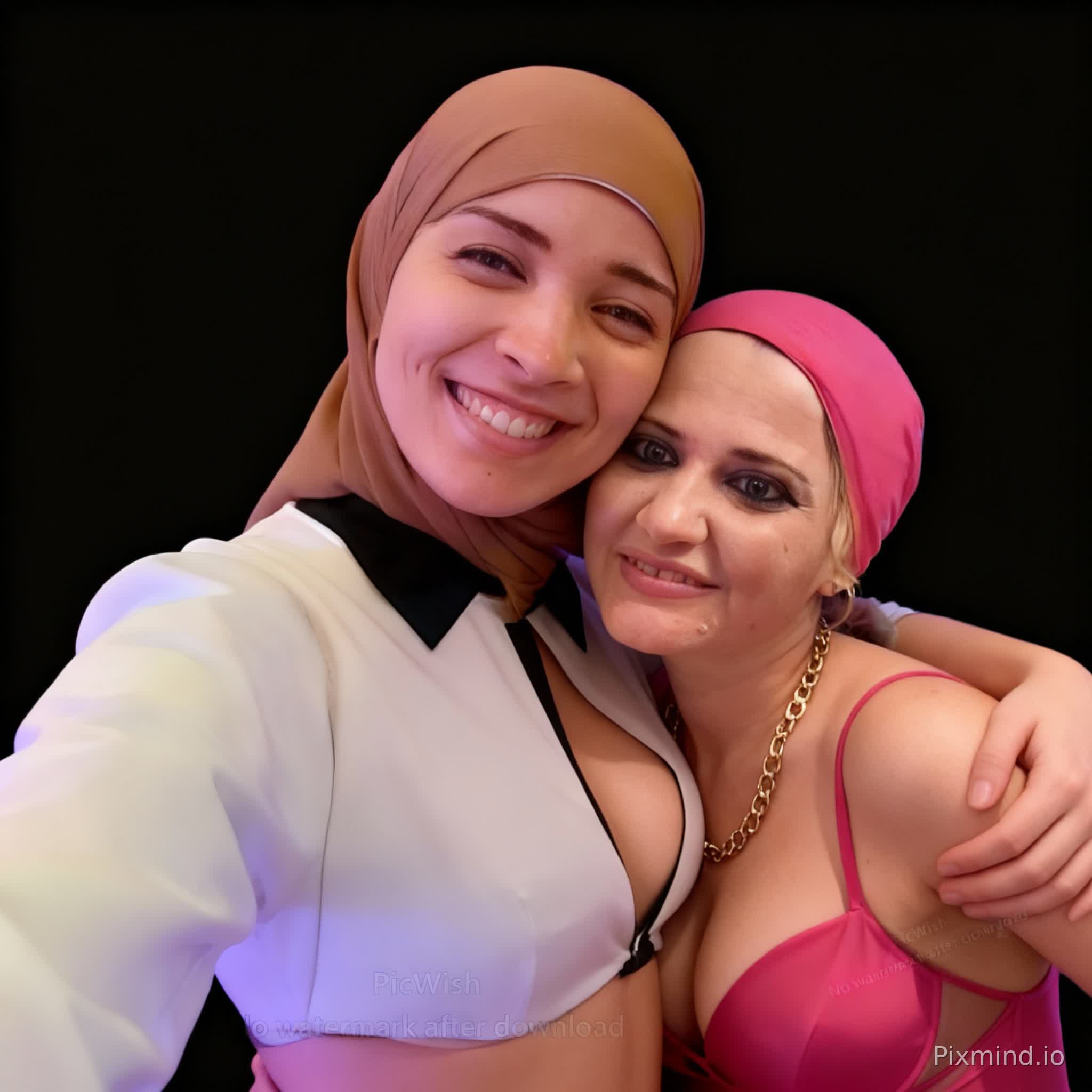 make them dress sexy and hug cheek to cheek and the girl in the left taller and no changes of their looks.
