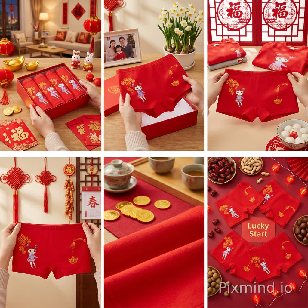 Generate a 6-panel storyboard for children's red underwear Chinese New Year product video, vertical 9:16 format for each panel:
Panel 1 (3.5s): Hands opening red gift box on wooden table, four red briefs inside, surrounded by golden ingots, red lanterns, Fu couplets, red envelopes, rabbit figurines. Warm family living room lighting.
Panel 2 (3s): Hands lifting one brief, FRONT VIEW showing cartoon girl with pigtails and fortune coins, wide plain waistband. Background: family photo frame and narcissus flowers.
Panel 3 (4.5s): Hands unfolding brief to show FRONT VIEW with cartoon print fully visible. Background: children's red clothes, paper-cut window decorations, bowl of tangyuan.
Panel 4 (4s): Two hands stretching waistband horizontally, keeping FRONT VIEW with pattern facing camera. Background: Chinese knots, firecracker decorations, Spring Festival calendar.
Panel 5 (3s): Close-up of thick cotton fabric texture, completely opaque. Background: red table runner, tea set, golden chocolate coins.
Panel 6 (2.5s): Top-down flat lay, four briefs in fan formation with FRONT VIEW and prints visible, "Lucky Start" card in center. Surrounded by red dates, peanuts, chestnuts, longan, red string lights.
Requirements: All panels vertical 9:16 ratio, consistent hand model, child-scale briefs (30cm waist, 25cm length), thick opaque cotton material, wide plain waistband, warm festive family atmosphere throughout.