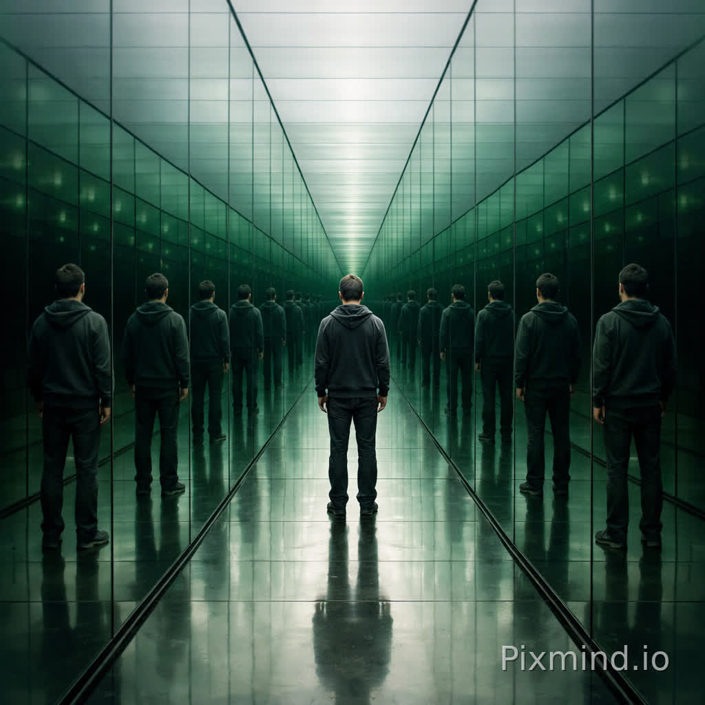 A conceptual art shot of a person standing between two large parallel mirrors. The reflection creates an infinite tunnel of images receding into the distance. Each successive reflection becomes slightly darker and greener (due to glass tint). The perspective is perfectly linear and converging to a vanishing point. Complex optics, mind-bending, photorealistic.