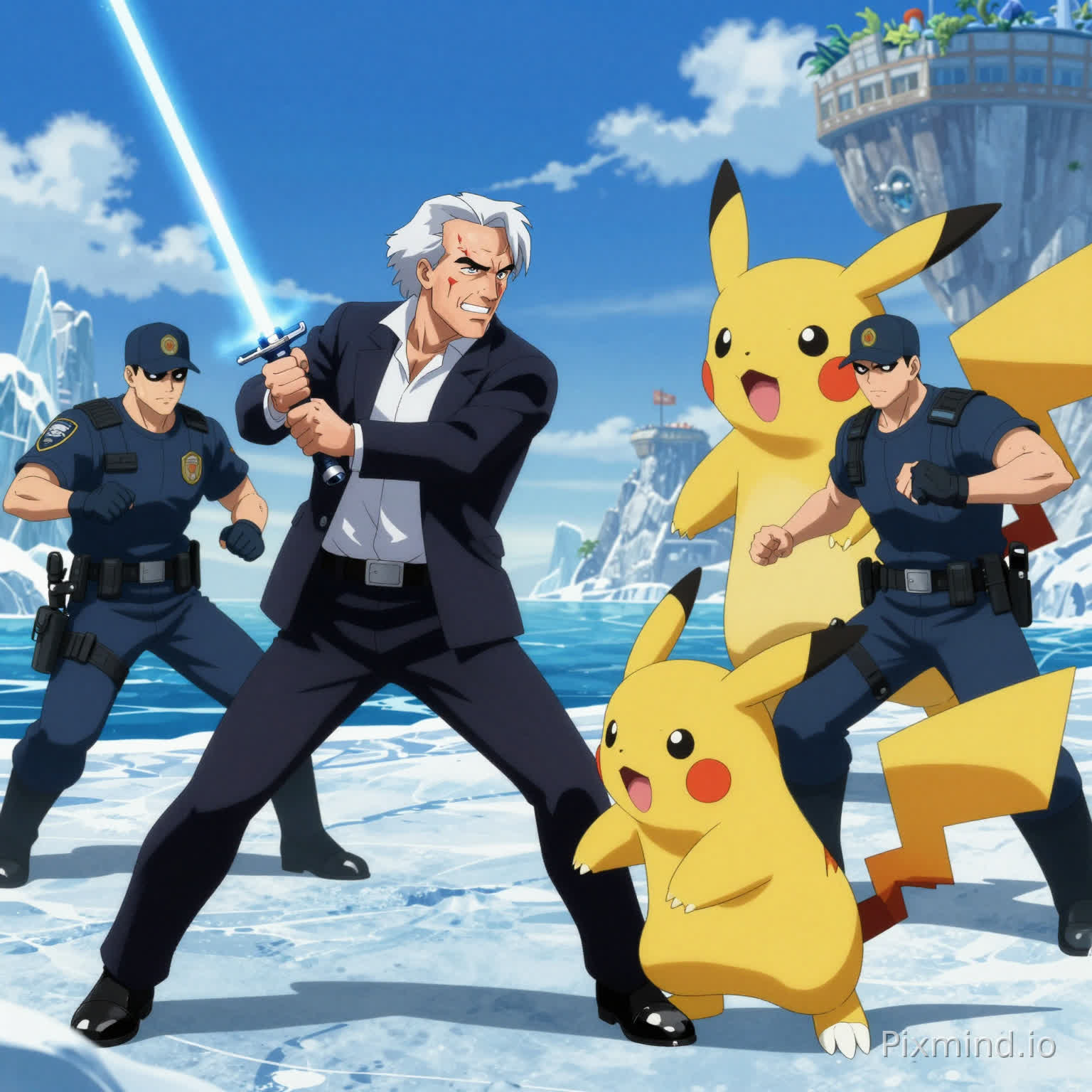 Criminal Jeffery Epstein wielding a futuristic lightsaber has an epic flashy anime battle with ICE agents and their pokemon mewtwo on epstein island
