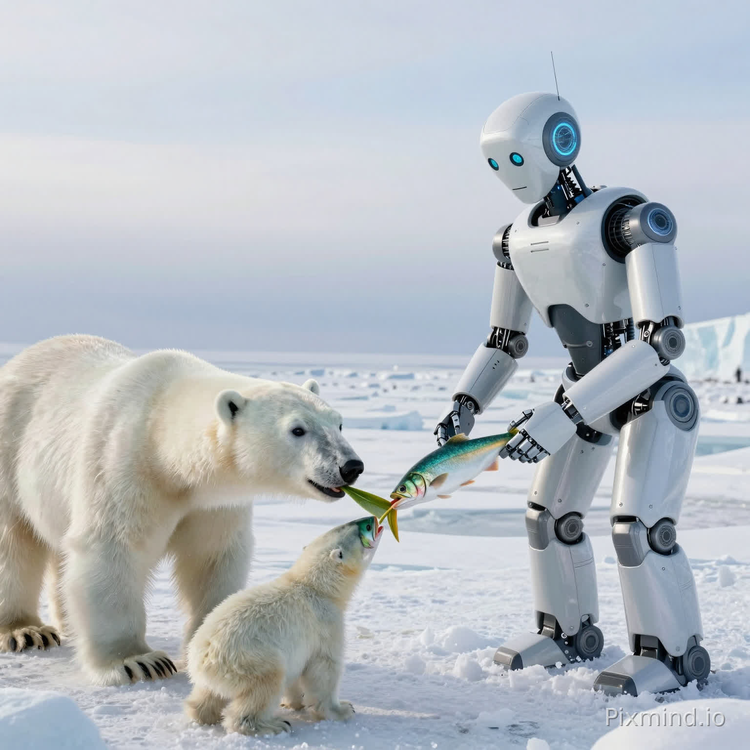 AI models such as chatgpt,gemini and grok as humanoid robot form saving weak,scrawny polar bears in north pole from global warming by feeding the polar bears green fresh fish.