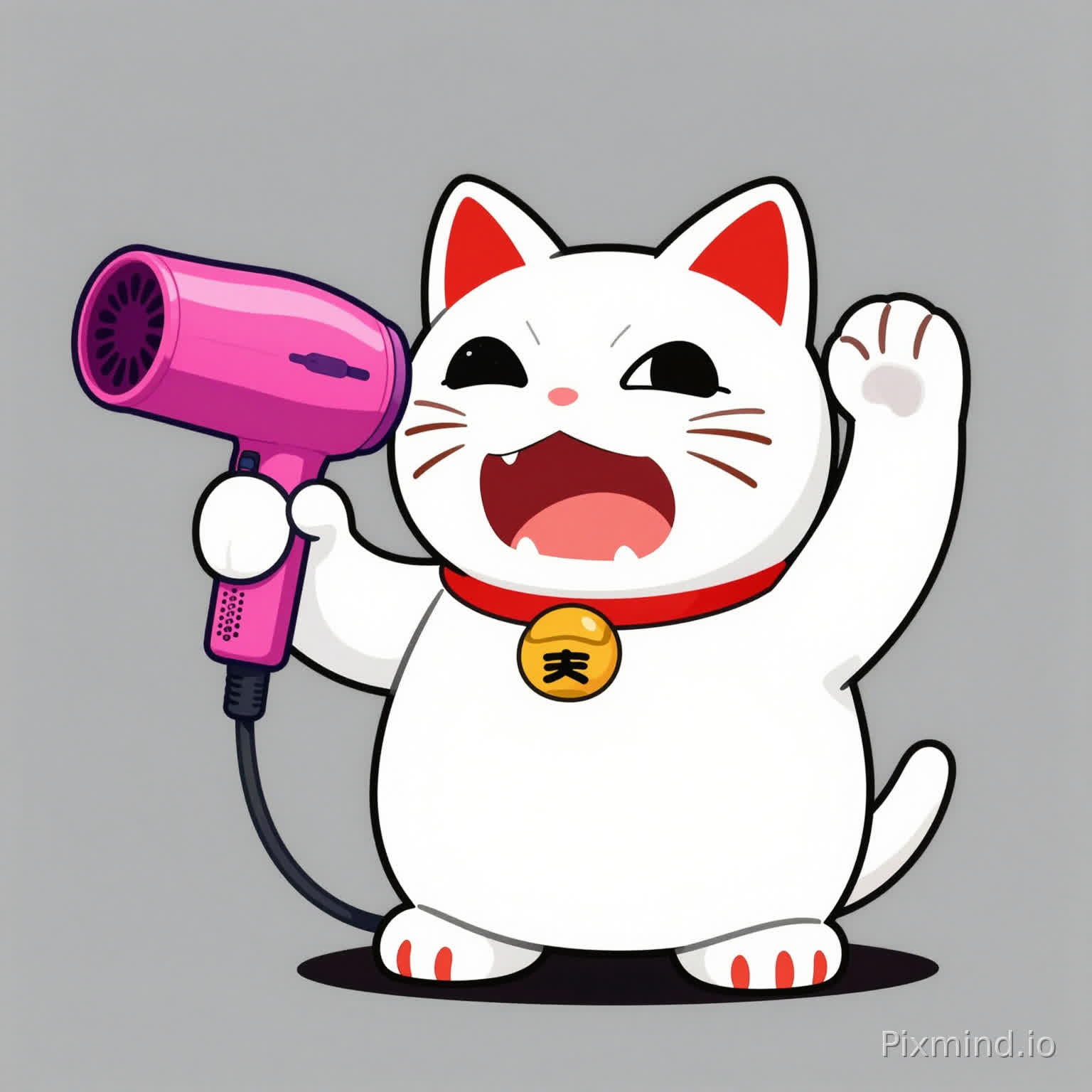 《Dan Da Dan》片尾曲风格的动漫截图。一只白色的拟人化招财猫,红色耳朵,双爪握着一把亮粉色吹风机,姿态像是拿着武器一样。猫咪表情凶猛,正在大喊。平面2D着色,鲜艳的波普艺术色彩,锐利的轮廓线,极简灰色背景。高质量,风格化角色的精准解剖。