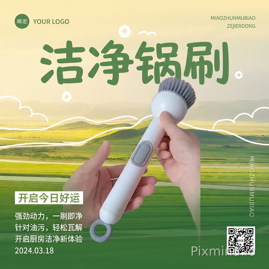 设计要求:
1. 参考设计风格:仔细观察第二张参考图的整体设计风格,包括:
- 配色方案和色彩搭配
- 视觉排版和构图布局
- 设计元素和装饰风格
- 文字编排和层级关系
2. 产品融合:将第一张图片中的产品自然融入海报设计中:
- 保持产品完整性和清晰度
- 产品放置位置要符合视觉重心
- 产品与背景要和谐统一,不突兀
- 产品周围留白适当,避免拥挤
3. 文字内容:
- 主标题:"洁净锅刷"(醒目突出,字体层级最高)
4. 整体效果:
- 商业级专业海报质量
- 视觉焦点明确,主次分明
- 配色和谐,符合促销主题氛围
- 排版精美,符合现代审美
- 竖版比例 9:16