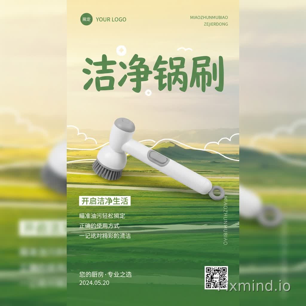 设计要求:
1. 参考设计风格:仔细观察第二张参考图的整体设计风格,包括:
- 配色方案和色彩搭配
- 视觉排版和构图布局
- 设计元素和装饰风格
- 文字编排和层级关系
2. 产品融合:将第一张图片中的产品自然融入海报设计中:
- 保持产品完整性和清晰度
- 产品放置位置要符合视觉重心
- 产品与背景要和谐统一,不突兀
- 产品周围留白适当,避免拥挤
3. 文字内容:
- 主标题:"洁净锅刷"(醒目突出,字体层级最高)
4. 整体效果:
- 商业级专业海报质量
- 视觉焦点明确,主次分明
- 配色和谐,符合促销主题氛围
- 排版精美,符合现代审美
- 竖版比例 9:16