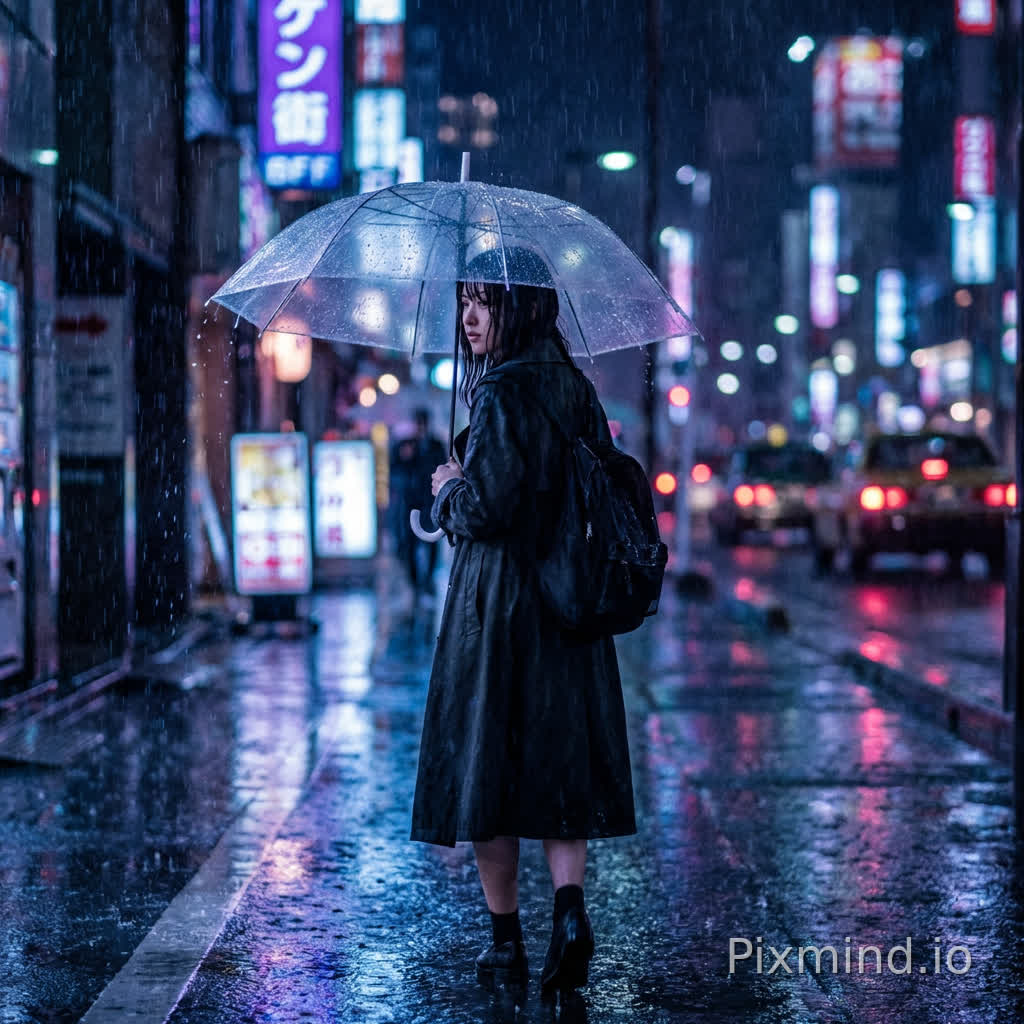 A full-body shot of a young woman walking alone down a deserted, neon-lit cyberpunk street on a heavy rainy night. She is holding a clear umbrella, which reflects the vibrant blues, purples, and pinks of the surrounding signs. Her dark hair is slightly wet, clinging to her face. The wet pavement reflects the city lights like a mirror. The atmosphere is melancholic and cinematic. Detailed rain droplets are visible. Shot on an 85mm lens, f/1.8, bokeh city lights, film noir aesthetic, ultra-realistic, 8k.