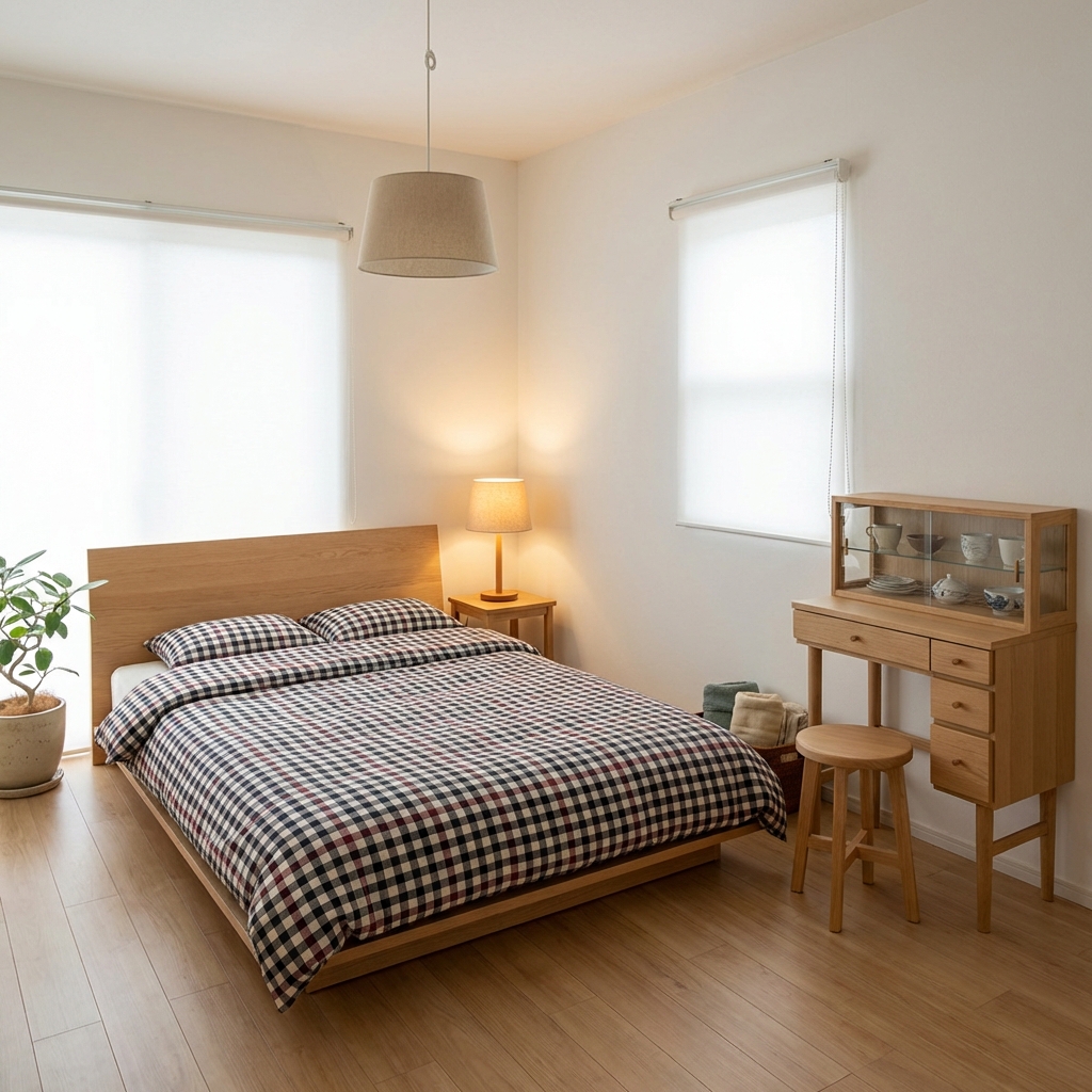 A cozy minimalist Japanese-style bedroom, light wood bed headboard, black-white-red checkered bedding, light wood vanity table with glass display case and drawers, matching round wooden stool, small wooden side table, beige fabric pendant lamp, warm-lit table lamp (wooden base + beige shade), white roller blinds, light wood flooring, white walls, soft natural light + warm ambient light, clean and bright, photorealistic, high detail, 8K, slightly elevated angle