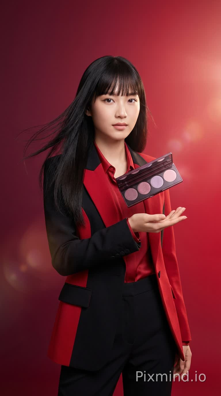 A high-definition, ultra-detailed cinematic fashion photography of an Asian young woman (18-25 years old) with exquisite facial features, calm and focused expression, clear eyes, and soft, natural makeup. She has long black straight hair with neat bangs, hair fluttering dynamically (blowing in the wind), and is wearing a tailored black and red suit jacket with a red inner shirt, paired with black trousers. Her right hand is palm-up, with a four-color eyeshadow palette floating gently above her palm; the palette has a black case with four circular eyeshadow pans in shades of pink, light purple, and dusty rose, with subtle luster. The background is a gradient red backdrop, transitioning from deep red to bright red, with soft light rays and lens flares creating a warm, atmospheric glow. Lighting is soft but contrastive, with a right-side main light source casting delicate highlights on her face and the palette, enhancing texture and depth. The overall style is elegant, confident, and fashion-forward, with sharp focus, photorealistic details, and a clean, uncluttered composition. (8K, best quality, extremely detailed, soft shadows, cinematic lighting, beauty advertisement aesthetic) --ar 3:4 --v 5