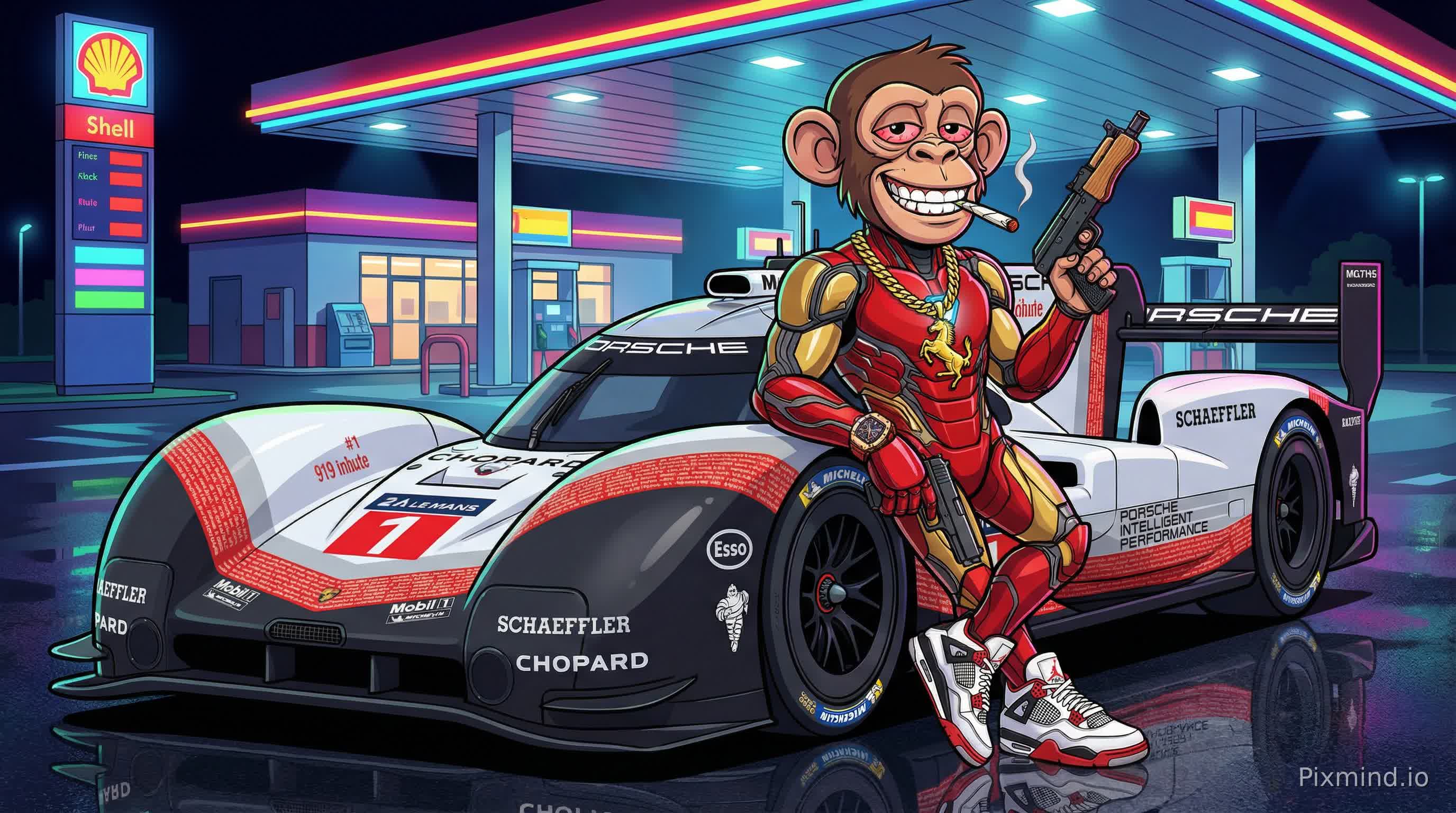 a cartoon image of a monkey wearing a iron man suit exposing the face, and a gold cuban link chain with a gold prancing horse pendant around his neck, and on his wrist a gold and red watch, in his mouth is a white hand rolled cigarette, his eyes are bloodshot red and are hanging low and he has a smile, in his right hand he is holding a draco, he is standing in front of a Porsche 919 evo hybrid at a gas station with neon lights during night, the presence of the car is really expressed, also on his feet are AIR JORDAN 4 Retro OG 'FIRE RED' sneakers, the monkeys whole body is shown in the picture and he leaning against his car.