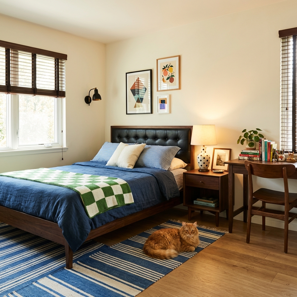 Hyper-realistic, photorealistic texture, cozy vintage mid-century modern bedroom, warm creamy white walls, light oak wood flooring. Dark walnut frame double bed, black button-tufted leather upholstered headboard, dressed in dark blue bedding, paired with blue and white striped throw pillows and creamy white throw pillows, with a green and white checkered knitted blanket draped at the foot of the bed. A blue and white striped handmade rug on the floor with a fluffy orange tabby cat curled up on it. Dark walnut nightstand featuring a vintage table lamp (creamy white shade, ceramic polka dot base) and a framed picture; dark walnut desk with a wooden chair, arranged with books, small trinkets, and green plants. A large window on the left with dark wooden blinds, admitting soft natural light. Black metal curved-arm wall sconce; three framed art pieces on the wall (two geometric/fruit themed, one small print). Warm interior lighting mixed with natural light creating a warm and healing atmosphere, high resolution, rich details, home decor magazine quality, no AI artifacts, lived-in look, cozy and healing.