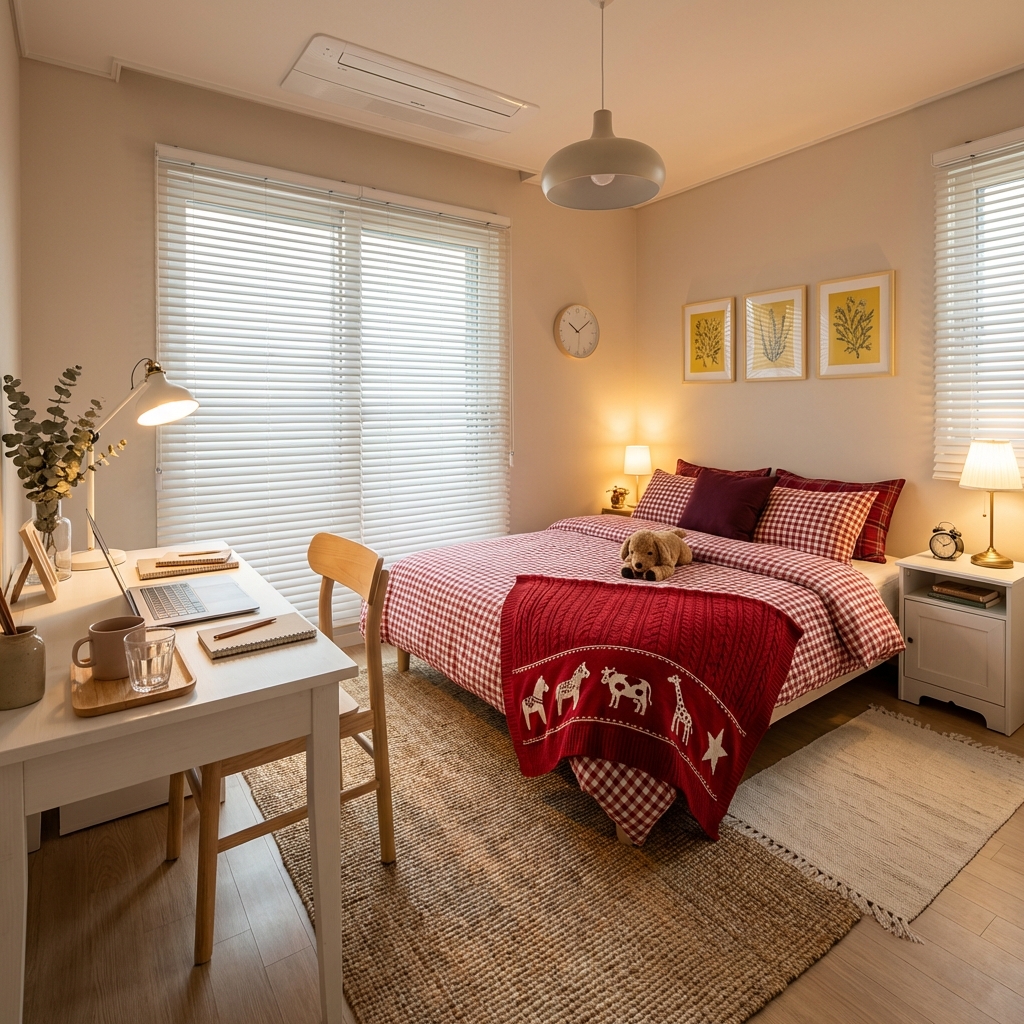 Ultra-realistic, photorealistic, cozy Nordic-style small bedroom, light beige walls, light wood flooring. Large window with white venetian blinds. Double bed with red checkered bedding, red checkered and burgundy throw pillows, a small dog plush toy, and a red blanket with animal patterns (horse, cow, giraffe) and star motifs at the foot. Natural fiber rug and light-colored small rug on the floor. White desk with a wooden chair, holding a laptop, desk lamp, stationery, and a tray with cups and a vase. White nightstand with a desk lamp and an alarm clock. Wall decor includes a round wall clock and yellow art prints. White pendant light on the ceiling, wall-mounted air conditioner. Warm indoor lighting creates a cozy and inviting atmosphere, high-resolution, detailed textures, home magazine aesthetic, no AI artifacts, lifelike, lived-in feel.
