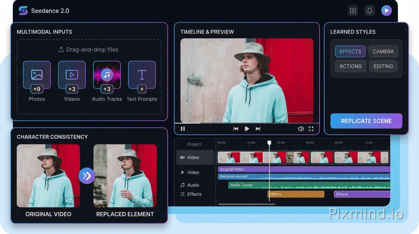 Seedance 2.0 supports multimodal input of images, videos, audio, and text. You can easily replace or add video elements while maintaining character consistency. It can also learn effects, camera movements, actions, and editing styles, replicating complex scenes with a single click