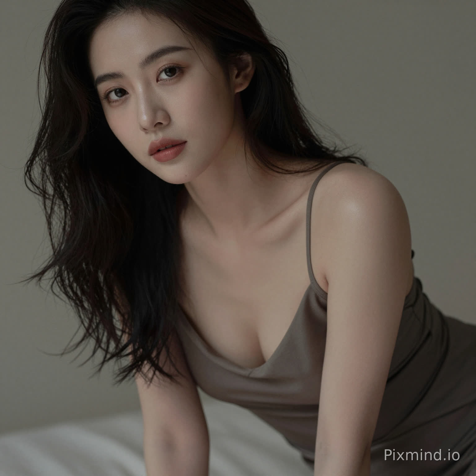 A sensual woman leaning slightly forward, deep neckline dress, subtle cleavage, inviting gaze, soft focus background, intimate framing, realistic skin highlights, moody lighting, editorial sensual photography