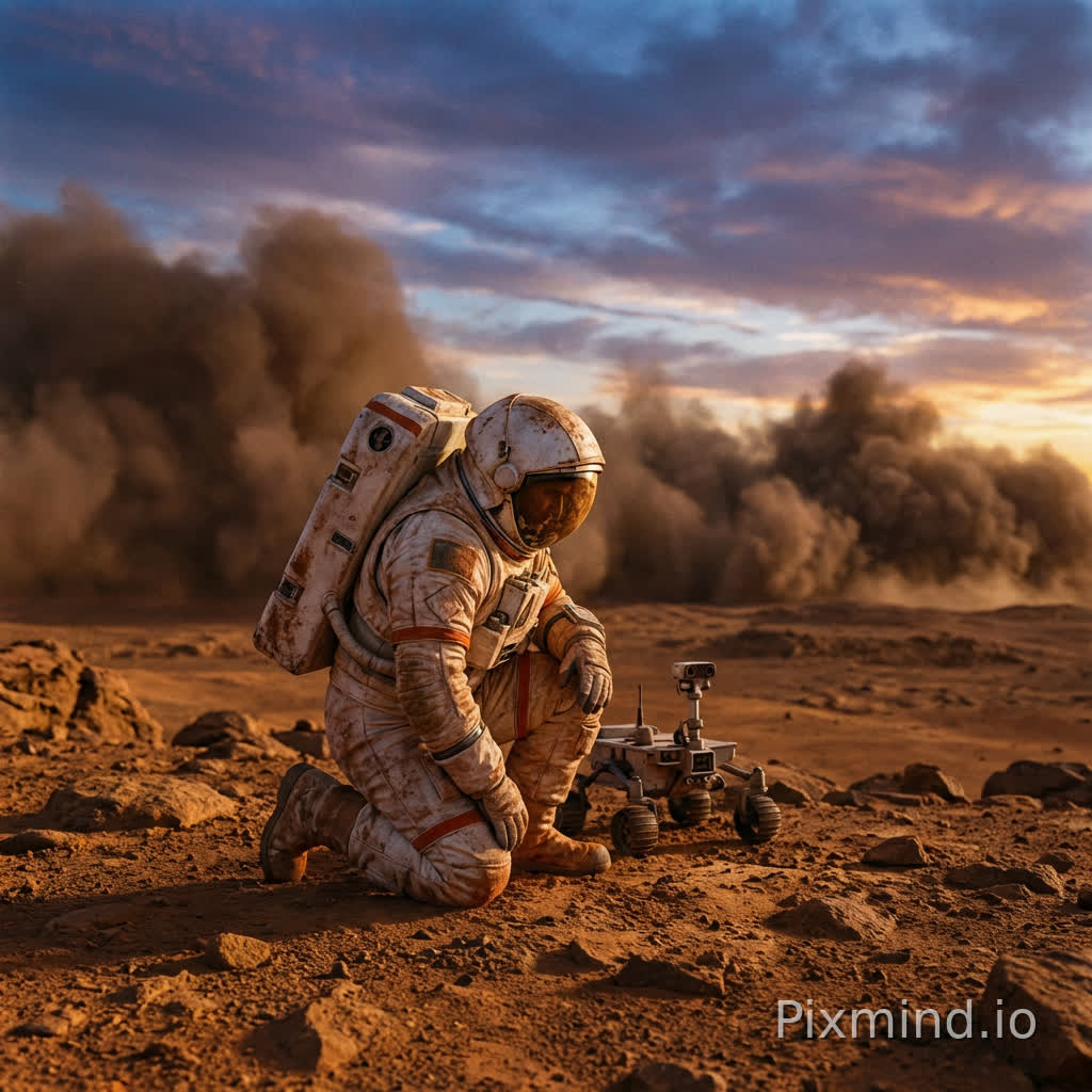 (Subject: A futuristic astronaut in a weathered white spacesuit) kneeling on the red dusty surface of Mars, (Environment: massive dust storms in the distance, dramatic sunset with blue glow), (Style: cinematic photography, hyper-realistic), (Technicals: shot on 35mm lens, 8k, highly detailed textures, rendered in Banana Pro mode) --ar 16:9