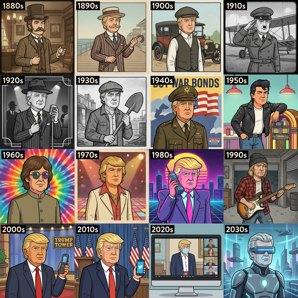 Create a 4×4 grid starting from the 1880s. In each area, my image should reflect the style of that era (clothing, hairstyle, beard, accessories). The colors, backgrounds and film style should also be applied accordingly. I'm Trump. Cartoon style