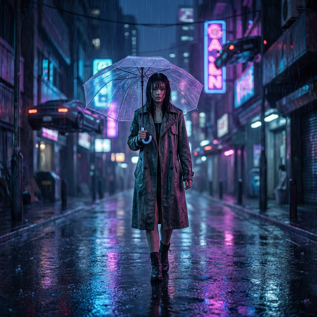 一位年轻女子独自走在一条荒凉的、霓虹灯照亮的赛博朋克街道上的全身照片,下着大雨的夜晚。她撑着一把透明雨伞,反射着周围招牌明亮的蓝色、紫色和粉色。她的黑发微微湿润,贴在脸上。湿漉漉的路面像镜子一样反射着城市灯光。氛围忧郁而电影感十足。雨滴清晰可见。使用85毫米镜头拍摄,f/1.8光圈,城市灯光虚化,黑色电影美学,超写实,8K画质。