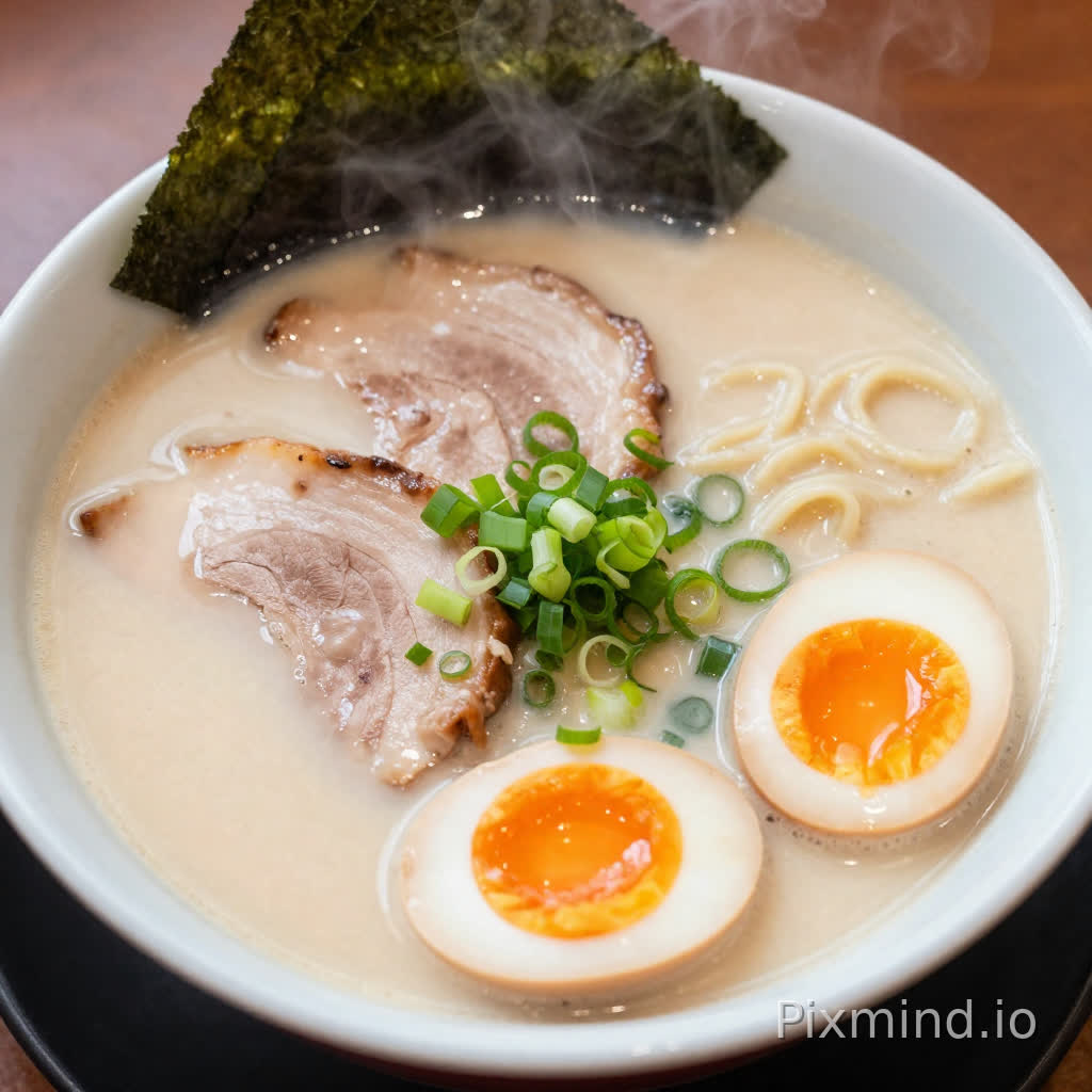A top-down view of a steaming hot bowl of Tonkotsu ramen. The broth is rich and creamy white, topped with slices of tender chashu pork with glistening fat, a perfect soft-boiled egg with a runny orange yolk, fresh green onions, and nori sheets. Steam is rising from the bowl. The texture of the noodles is visible. Warm lighting, appetizing color palette, professional food photography, high fidelity.