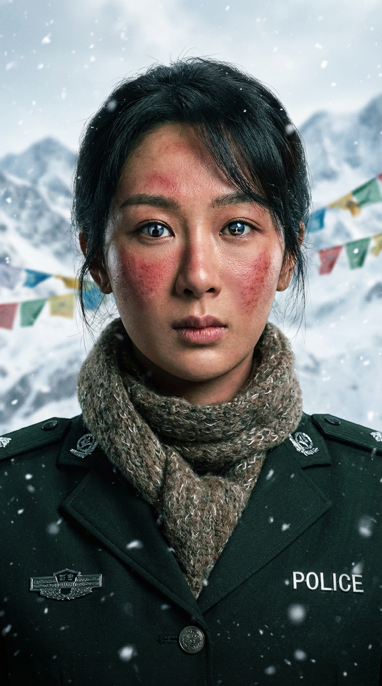 根据图中的人物角色,女性主角是《生命树》中的女警白菊(杨紫 饰)。她身着巡山队服,脸上带着被高原紫外线灼伤的痕迹,眼神中交织着坚毅、悲悯与永不放弃的执着。她的瞳孔中,清晰地倒映出两个关键影像:一是男性角色多杰(胡歌 饰)失踪前留下的最后一个背影,二是那棵象征性的生命树。背景是模糊的雪山和经幡,前景的雪花缓缓飘落。光线采用经典的伦勃朗光,从侧面照亮她脸部的每一丝纹理和情感波动。竖版构图,色调对比强烈,突出人物的情感张力和戏剧性。电影质感,情绪饱满