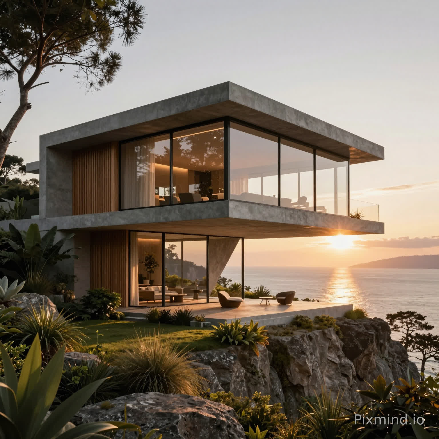 Professional architectural visualization of a luxury modern residence, featuring a cantilevered geometric design with floor-to-ceiling glass walls, raw concrete textures, and vertical timber slats. The structure is perched on a serene cliffside landscape overlooking a calm ocean at sunset, surrounded by lush native vegetation and manicured gardens. The interior is visible through the glass, showcasing high-end contemporary furniture and warm ambient lighting. Photorealistic ArchViz style, cinematic composition, V-Ray render aesthetics. Dramatic golden hour lighting with long shadows, volumetric sun rays, ultra-detailed textures, 8k resolution, masterpiece, award-winning architectural photography, sharp focus, hyper-realistic.