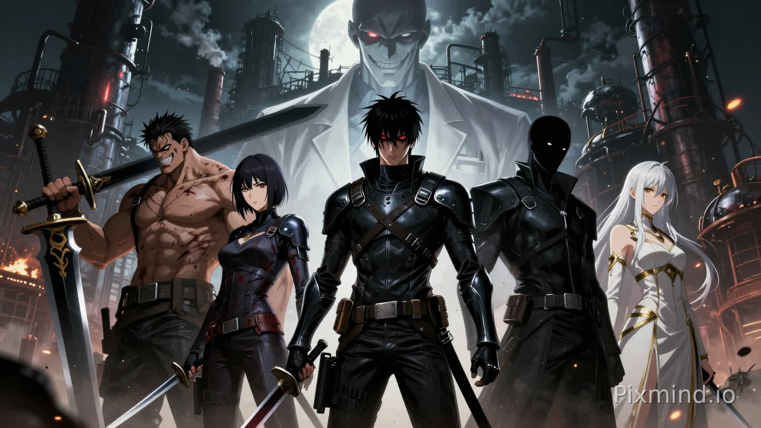 A high-stakes cinematic anime movie poster for "The Factory Arc: 7 Years Later". Dark fantasy art style, masterpiece, 8k resolution. COMPOSITION: Five elite warriors standing in a V-formation in the foreground, looking mature, battle-hardened, and dangerous. CENTER: Skyro (24 years old), assassin physique, wearing sleek black tactical leather armor, holding a dark blade, eyes glowing with a faint red/black aura, cold expression. LEFT SIDE: Dan (huge muscular build, wild hair, scars, holding a massive black greatsword, savage grin) and Ellie (agile assassin, dual daggers, sharp gaze, blood-splattered clothes). RIGHT SIDE: Han (tall, stoic, overpowering void aura, eyes like a black hole) and Seo (royal aura, white hair, golden eyes, arrogant stance). BACKGROUND: A colossal, nightmarish industrial factory with smoking chimneys and metal pipes, bathed in moonlight and fire. UPPER BACKGROUND: Looming over the factory is a giant, semi-transparent visage of HEIRO (the villain), wearing a white lab coat, looking down at them with a chilling, manipulative, evil smile. ATMOSPHERE: Gritty, dark, dramatic chiaroscuro lighting, floating embers, dust particles, intense shadows, sharp line art, detailed anatomy, Seinen manga aesthetic.