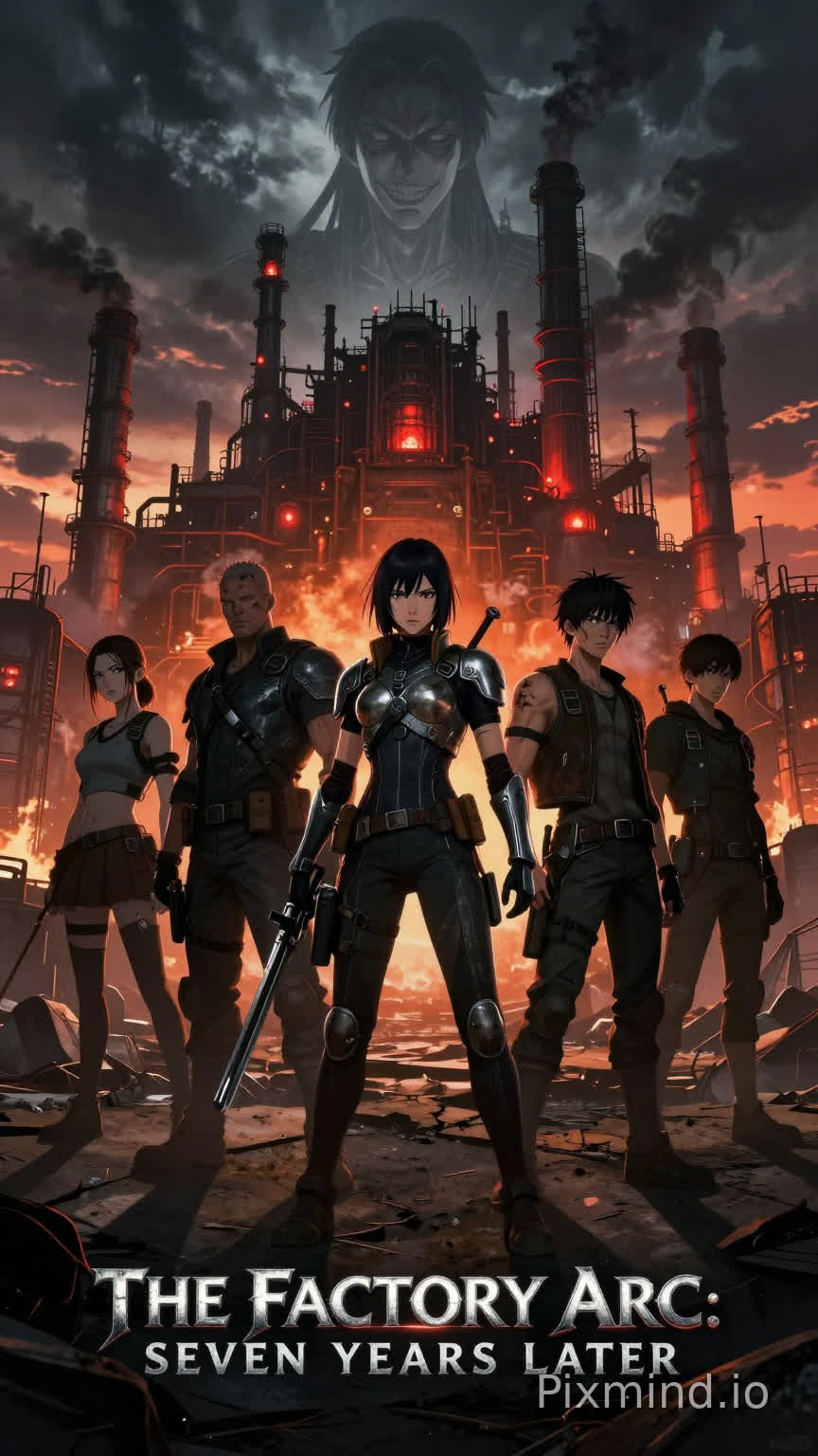 A masterful, cinematic anime movie poster for "The Factory Arc," dark fantasy style, highly detailed masterpiece. The composition is epic and imposing. In the far background, dominating the horizon under a turbulent, twilight sky, is "The Factory," a colossal, sprawling brutalist industrial complex with countless smokestacks belching dark smoke and ominous glowing red furnaces, looking like a mechanical fortress. Looming directly above and behind the factory structure is HEIRO, depicted colossal in scale, semi-transparent against the dark clouds, looking down with a chilling, enigmatic, condescending smile. His eyes glow faintly. In the foreground, standing on cracked, barren industrial wasteland ground, is the main group of survivors, aged up by seven years, looking battle-worn and mature. SKYRO is in the dead center, standing firmly with a resolute, intense expression, wearing scarred, upgraded combat gear, holding a signature weapon. To Skyro's immediate left stand ELLIE and DAN; Ellie looks fierce and focused with mature features, Dan looks stoic and strongly built, heavily armed. To Skyro's immediate right stand HAN and SEO; Han has a determined, calculating look with some visible scars, Seo looks powerful and ready for action, perhaps with subtle magical energy or advanced tech. They are all standing shoulder-to-shoulder, facing forward. The lighting is dramatic chiaroscuro, with harsh orange and red rim lighting from the factory fires and the dying sunset hitting their backs and sides, casting long shadows. The overall mood is gritty, dystopian, desperate yet determined. The title "THE FACTORY ARC: SEVEN YEARS LATER" is at the bottom in rugged, metallic font. 8k resolution, highly polished render.