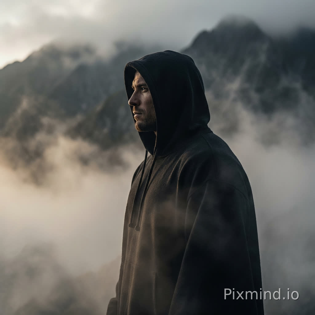 hombre musculoso con capucha oscura de perfil mirando a la izquierda en cima de montaña, niebla espesa envolvente, amanecer con luz dorada sutil, expresión de calma y poder interior, estilo realista minimalista oscuro cinematográfico, alto contraste, atmósfera estoica profunda, fondo montañas borrosas con niebla densa, sin texto, ultra detallado, 8k