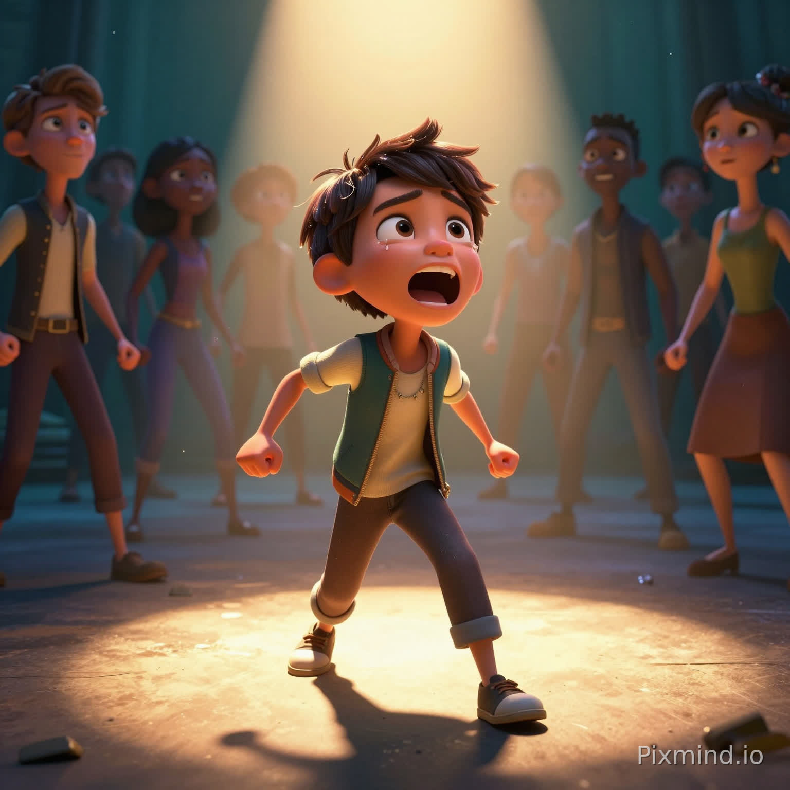 Cinematic 3D animation, Pixar-style aesthetic. A low-angle "hero shot" tracking a small, defiant boy stepping into a brilliant, golden theatrical spotlight. He is belting out the chorus of "This Is Me" with raw, soul-baring passion—visible throat muscles and expressive, teary eyes. Behind him, a diverse ensemble of "misfit" characters emerges from deep indigo shadows into the warm backlight, stomping in synchronized rhythm. High-contrast "Greatest Showman" lighting: rich teals and amber glows. Atmospheric volumetric fog, swirling dust motes, and high-fidelity subsurface scattering on skin. Triumphant, defiant atmosphere, 8k render, Ray-traced reflections.