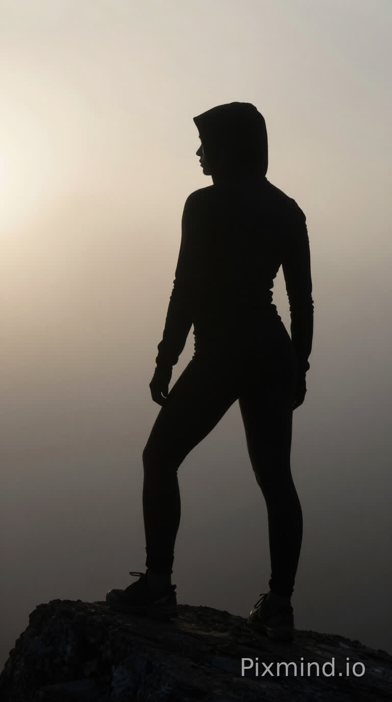 silueta musculosa con capucha negra de pie en montaña, niebla espesa envolvente cubriendo todo, luz dorada rompiendo la oscuridad desde atrás, simbolismo de fuerza mental y determinación, estilo minimalista oscuro ultra realista, alto contraste, atmósfera estoica poderosa, sin texto, 8k, cinematic moody lighting