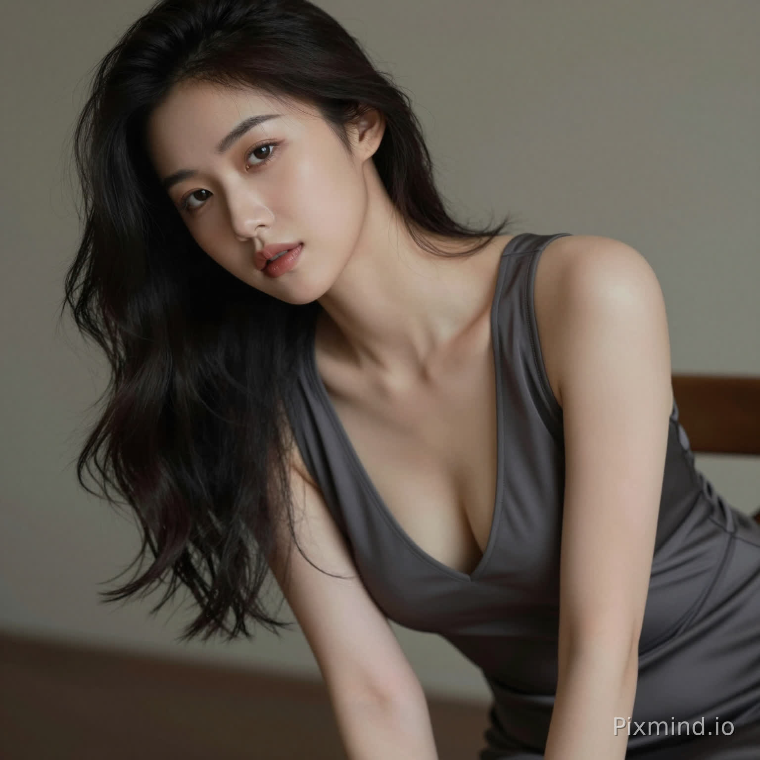 A sensual woman leaning slightly forward, deep neckline dress, subtle cleavage, inviting gaze, soft focus background, intimate framing, realistic skin highlights, moody lighting, editorial sensual photography