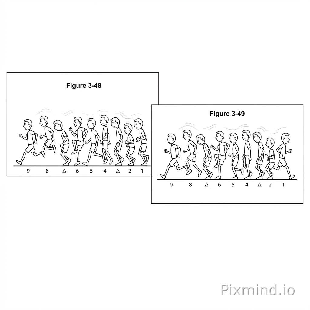 A detailed sequence of 9 cartoon-style stick-figure men running in a side view, showing different stages of a running motion, presented as two overlapping action frames (Figure 3-48 and Figure 3-49). Each man is drawn with simple, clean lines, no complex details or colors—only black outlines and minimal shading. They have short hair, and wear basic athletic clothing: mostly short-sleeved shirts and some with pants or shorts, all in a uniform, unadorned style.
From left to right, the men are numbered/labeled 9, 8, △, 6, 5, 4, △, 2, 1, each with distinct running poses to demonstrate motion dynamics, such as varying leg extension, arm swinging angles, and body forward lean. The first figure (leftmost, labeled 9) has a broad forward stride, arms bent at the elbows, and one foot just lifting off the ground. The second (8) is mid-stride with legs more bent, arms back. The third (△) has a slightly hunched torso, one leg forward, the other back. The fourth (6) shows a high knee lift, arms pumping. The fifth (5) is in a mid-acceleration phase, legs spread with one foot nearly flat. The sixth (4) has a relaxed posture, arms swinging naturally. The seventh (△) is leaning forward, same as the third. The eighth (2) has a smaller, quicker step, arms close to the body. The rightmost (1) is in a final, forward-leaning position, foot pushing off the ground.
The background is extremely minimal: only a horizontal ground line at the bottom, with faint, wavy lines above the heads indicating motion blur or wind. No additional environments (sky, buildings, etc.)—the focus is entirely on the men and their running action. The two frames (Figure 3-48 and Figure 3-49) appear to be side-by-side comparisons of the same sequence, slightly different in subtle pose details to emphasize motion flow.
Style: Highly simplified, almost like animation keyframes or storyboard drawings, with clear, consistent linework and minimal character design. No text or numbers are present except the labels 9,8,△,6,5,4,△,2,1. The overall mood is dynamic and instructional, capturing the essence of running mechanics through sequential poses.