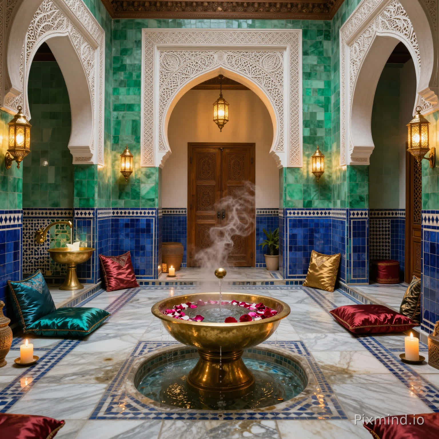 luxurious traditional Moroccan spa interior, ultra high-end hammam setting, handcrafted zellige mosaic walls in emerald green and deep blue, intricate carved white plaster (tadelakt) arches, warm golden lantern lighting casting soft shadows, polished marble floors with geometric patterns, brass basins with running water, rose petals floating in a marble fountain, scented steam atmosphere, silk cushions in jewel tones, ornate cedar wood doors with detailed carvings, glowing candles everywhere, subtle incense smoke, cinematic lighting, ultra-realistic, 8K, sharp details, depth of field, luxury hospitality photography, symmetrical composition, warm ambient tones, editorial spa magazine style