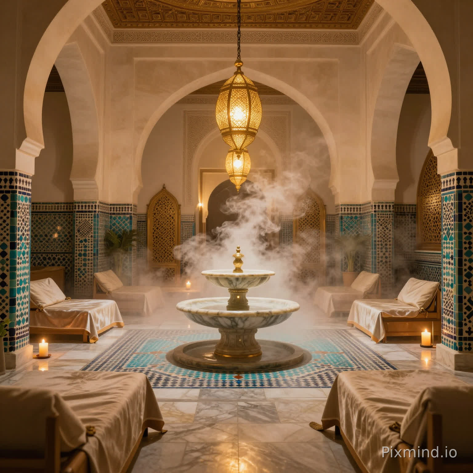 Ultra-luxury Moroccan royal hammam spa, grand vaulted arches, hand-laid zellige tiles in turquoise and gold, carved mashrabiya screens, large marble fountain centerpiece, golden brass lanterns hanging from ceiling, soft misty steam in the air, flickering candlelight reflections on polished marble, silk draped daybeds, intricate geometric patterns, warm amber lighting, tranquil atmosphere, high-end architectural photography, hyper realistic, 8K resolution, volumetric lighting, cinematic composition, serene and opulent mood