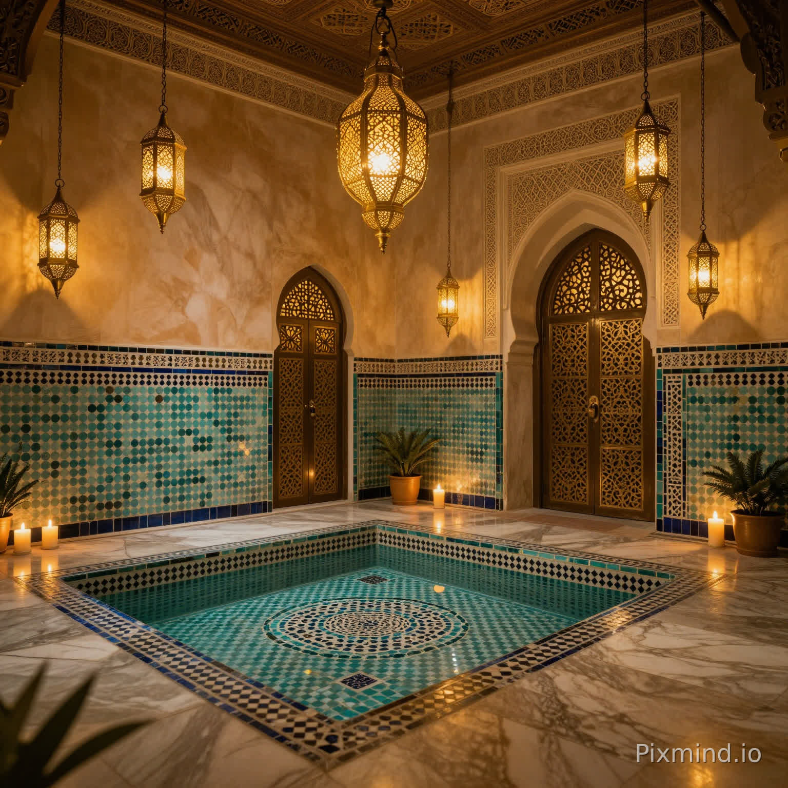 Ultra-luxury Moroccan royal hammam spa, hand-laid zellige tiles in turquoise and gold, carved mashrabiya screens, golden brass lanterns hanging from ceiling, flickering candlelight reflections on polished marble, intricate geometric patterns, warm amber lighting, tranquil atmosphere, high-end qualité photography, hyper realistic, 8K resolution, volumetric lighting, cinematic composition, serene and opulent mood