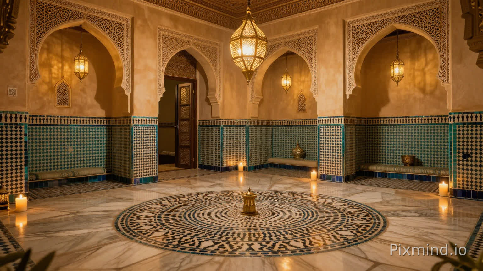 Ultra-luxury Moroccan royal hammam spa, hand-laid zellige tiles in turquoise and gold, carved mashrabiya screens, golden brass lanterns hanging from ceiling, flickering candlelight reflections on polished marble, intricate geometric patterns, warm amber lighting, tranquil atmosphere, high-end qualité photography, hyper realistic, 8K resolution, volumetric lighting, cinematic composition, serene and opulent mood