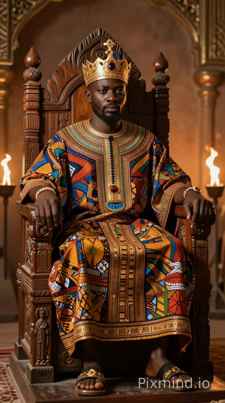 Roi africain assis sur un trône sculpté en bois dans un palais traditionnel, vêtu de tissus royaux africains riches en motifs, regard sérieux et déterminé, torches allumées autour, décor royal ancien, ambiance dramatique, cinematic lighting, african king, realistic style, ultra detailed, 4k