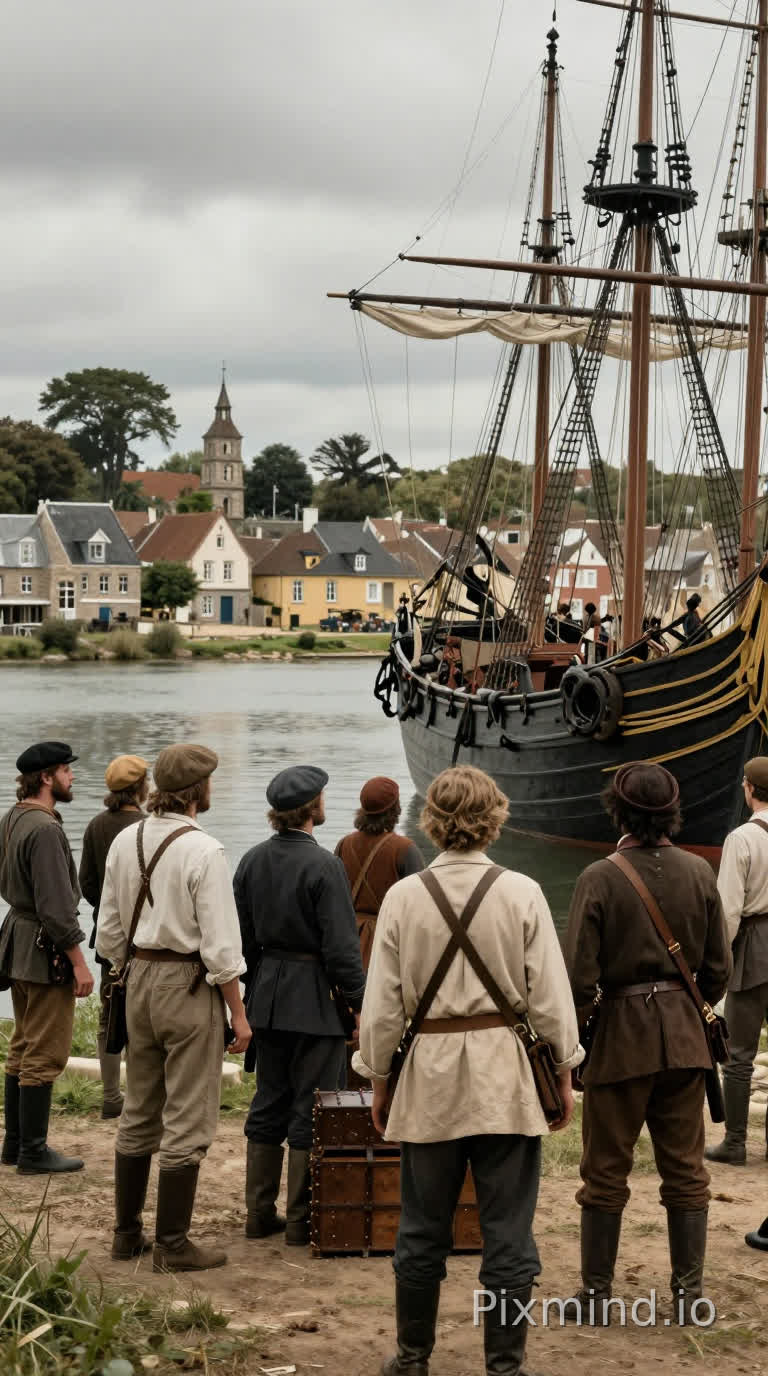 Prompt :
Navires européens anciens accostant sur une côte africaine, hommes étrangers en habits du 18e siècle descendant avec drapeaux et caisses, village africain en arrière-plan, tension dans l’air, ambiance historique, cinematic, dramatic atmosphere, realistic, 4k