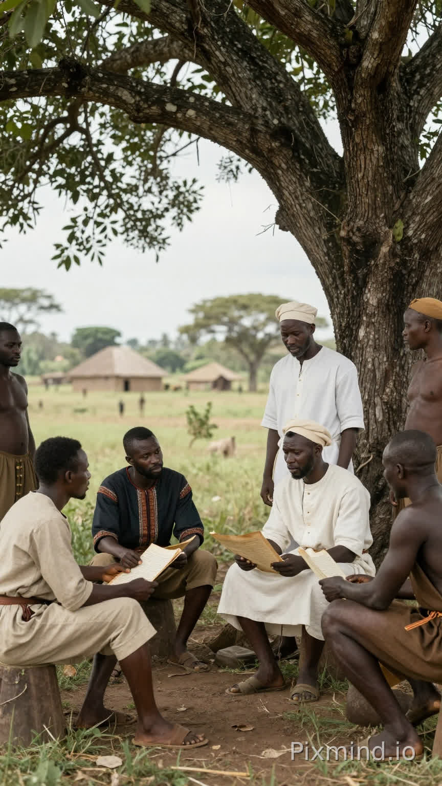 Rencontre entre hommes étrangers en vêtements coloniaux et chef africain entouré de guerriers, discussion tendue sous un grand arbre, parchemins dans les mains, expressions sérieuses, village africain en arrière-plan, cinematic realism, historical scene, 4k