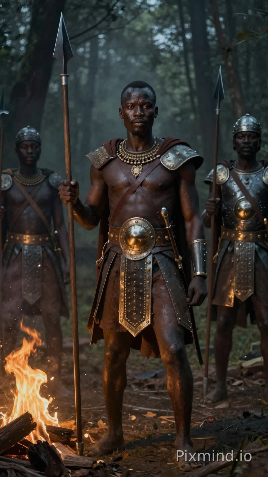 guerre dans la forêt, peinture de guerre sur le visage, lances et boucliers traditionnels, ambiance sombre, feu de camp, tension, night atmosphere, cinematic, realistic african warriors, 4k
