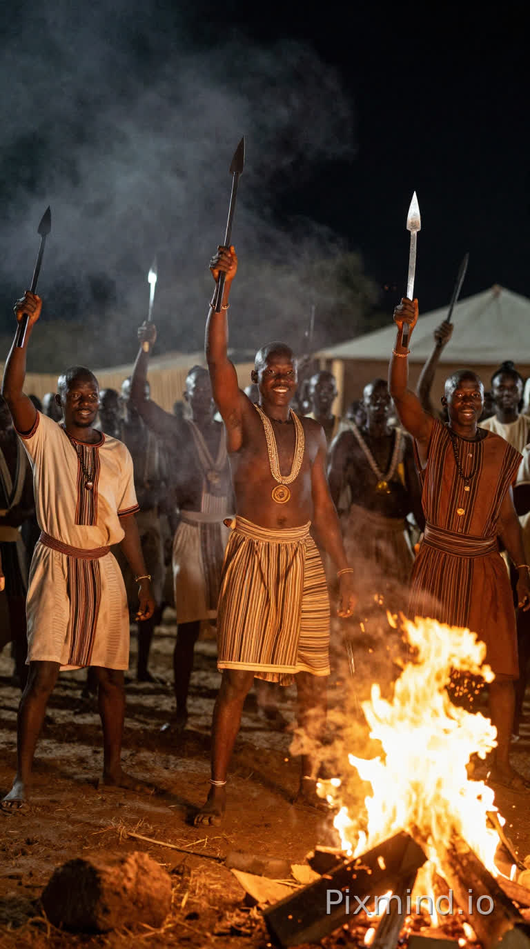 Guerriers africains célébrant après une bataille dans le village, levant leurs armes, expressions de fierté, feu de camp, ambiance nocturne, cinematic lighting, african victory, realistic style, 4k
