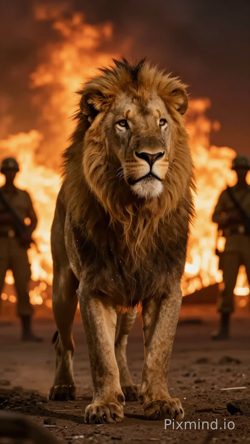 Roi africain capturé par des soldats étrangers dans un palais en feu, ambiance nocturne, flammes en arrière-plan, expression digne et calme, dramatic lighting, cinematic scene, ultra realistic, 4k. C'est un être humain réel et non animal
