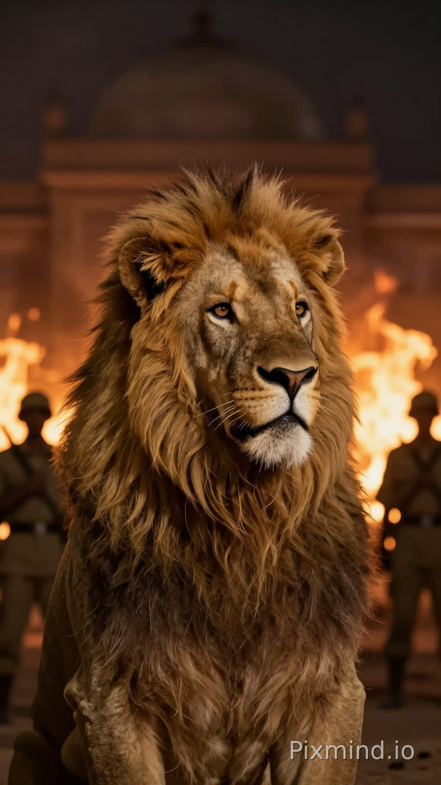 Roi africain capturé par des soldats étrangers dans un palais en feu, ambiance nocturne, flammes en arrière-plan, expression digne et calme, dramatic lighting, cinematic scene, ultra realistic, 4k. C'est un être humain réel visage humain réaliste