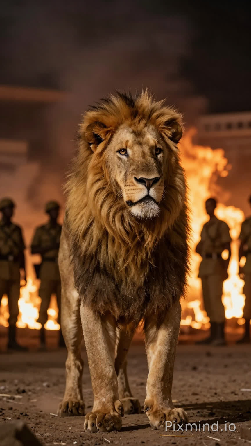 Roi africain (homme) capturé par des soldats étrangers dans un palais en feu, ambiance nocturne, flammes en arrière-plan, expression digne et calme, dramatic lighting, cinematic scene, ultra realistic, 4k