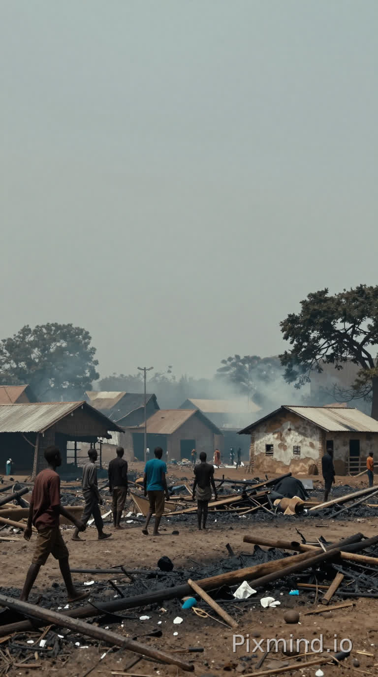 Village africain détruit, maisons brûlées, fumée dans l’air, ambiance triste et silencieuse, ciel gris, cinematic, post battle scene, realistic african setting, 4k
